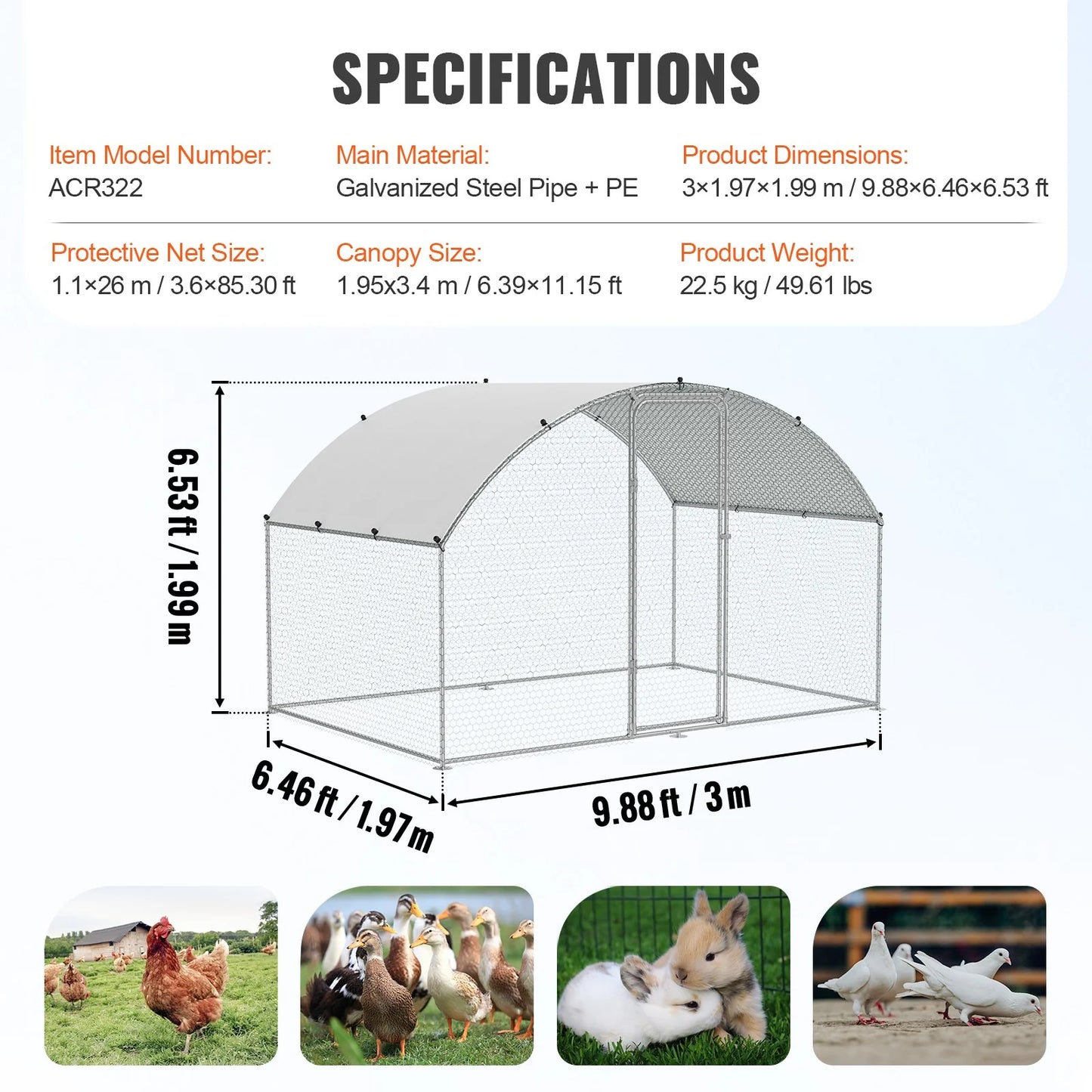Walk In Chicken Coop, 9.8X6.5X6.5Ft