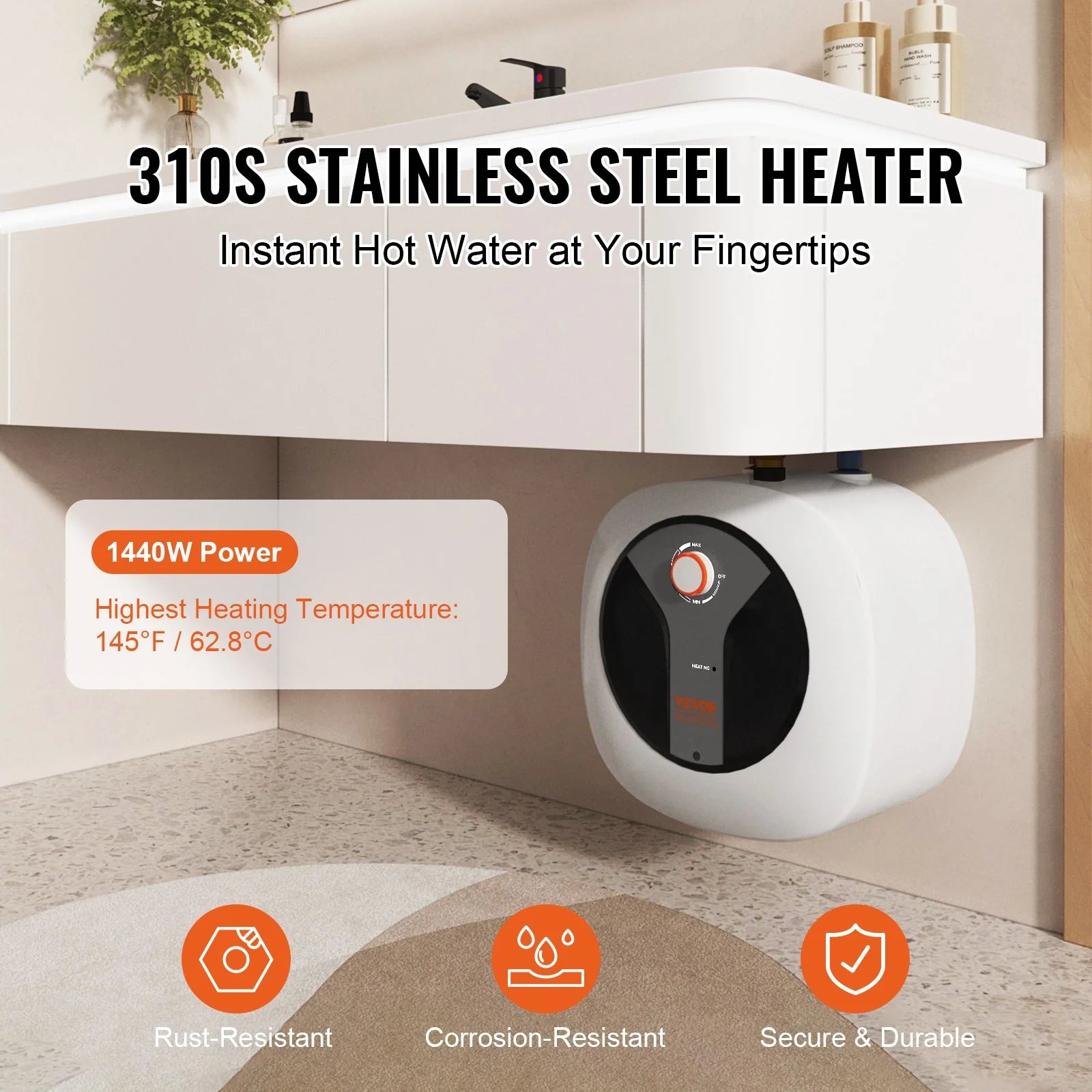 VEVOR 8-Gallon Electric Mini-Tank Water Heater - 1440W Instant Hot Water Boiler for Kitchen, Bathroom & Restaurant - Easy Installation, Wall & Floor Mounted with Safety Valve