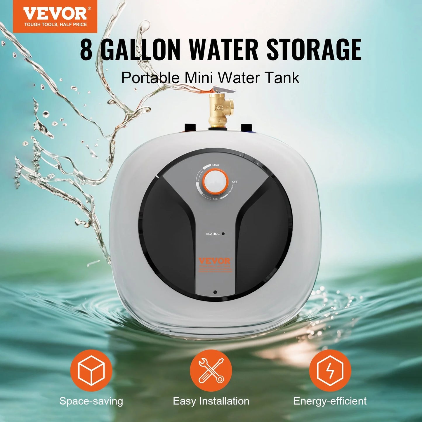 VEVOR 8-Gallon Electric Mini-Tank Water Heater - 1440W Instant Hot Water Boiler for Kitchen, Bathroom & Restaurant - Easy Installation, Wall & Floor Mounted with Safety Valve
