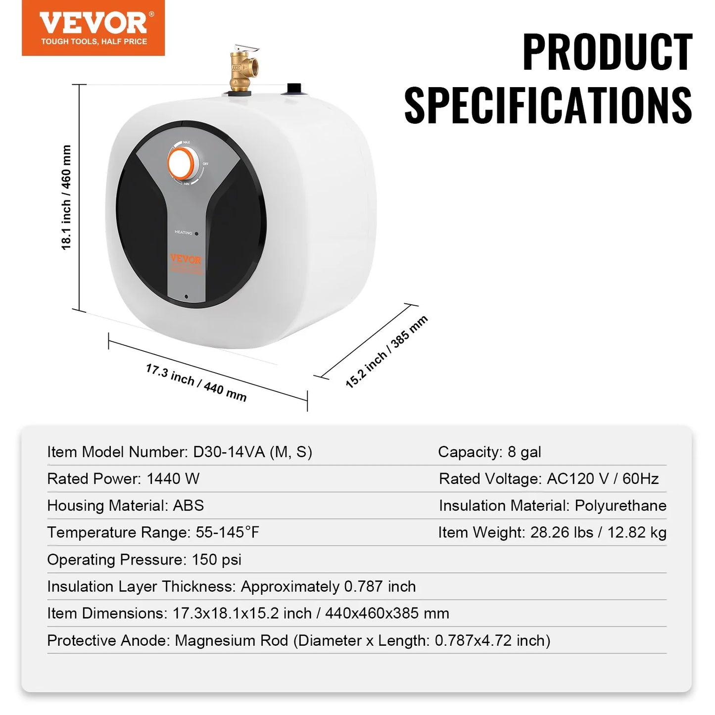 VEVOR 8-Gallon Electric Mini-Tank Water Heater - 1440W Instant Hot Water Boiler for Kitchen, Bathroom & Restaurant - Easy Installation, Wall & Floor Mounted with Safety Valve